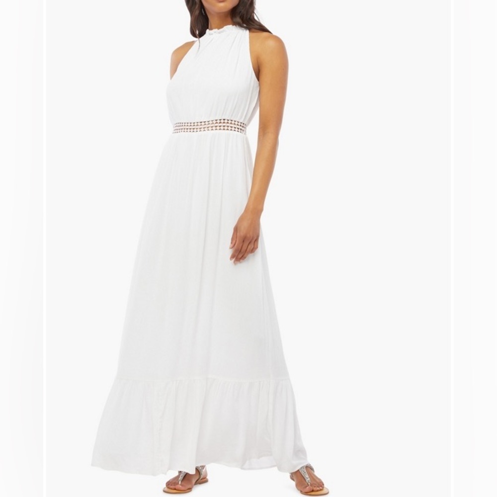 White Crochet Trim High Halter Maxi Dress